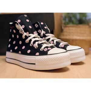 Converse CTAS Lift Platform Black & Pink Polka Dots High Top Sneakers Size 8 NIB